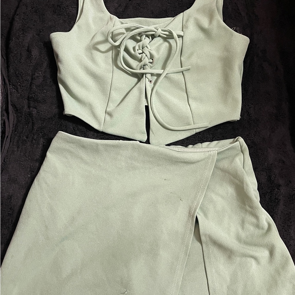 Sage Green Lace-Up Crop Top and Skirt Set